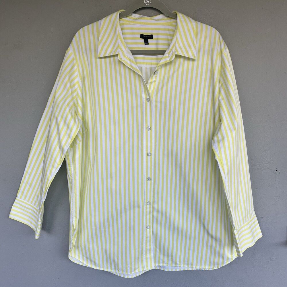 Talbots Tunic Top 3X Yellow White Striped Button Up Cotton Long Sleeve Costal